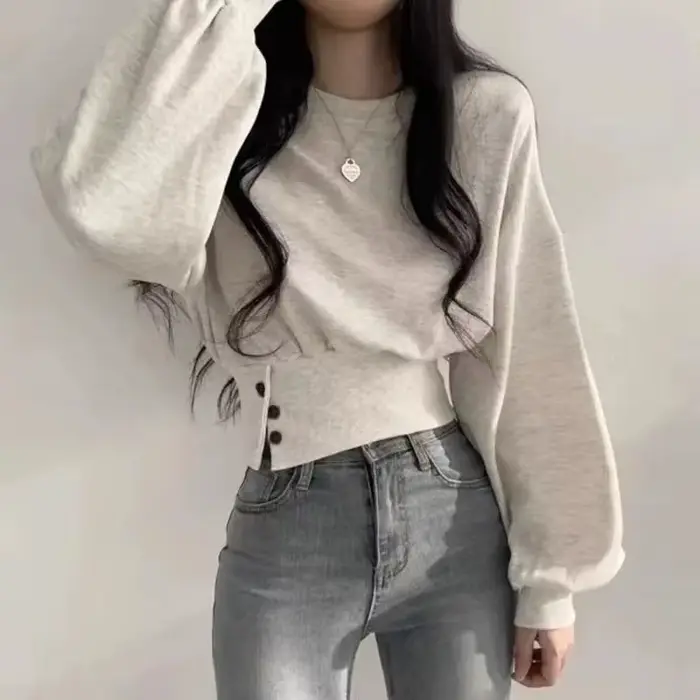 Haut court à col rond pour femme, couleur unie, manches lanternes, avec boutons, pull sportif Hip-Ho
