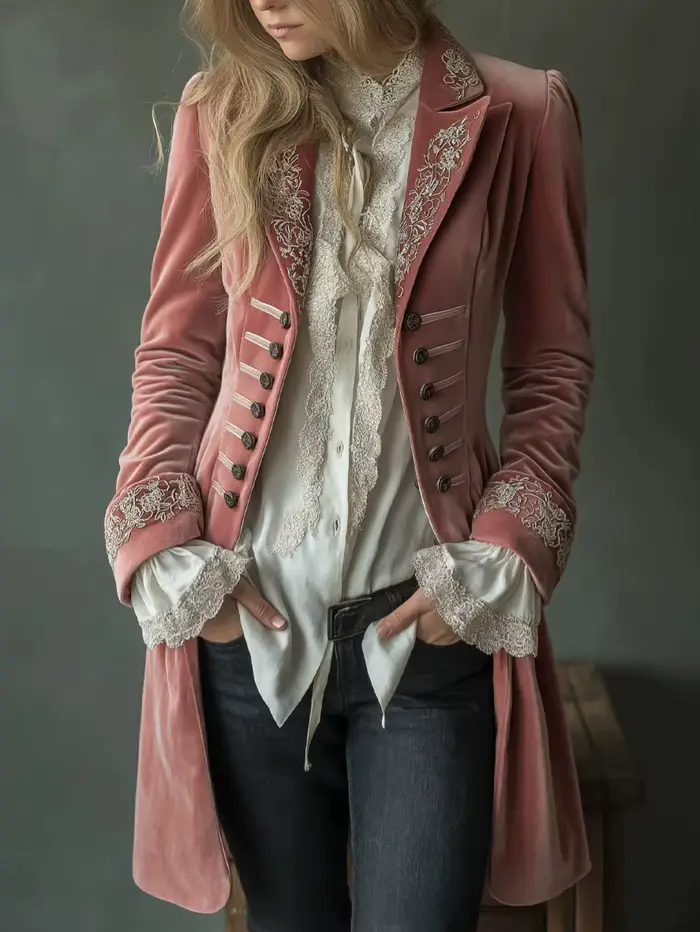 Veste Blazer Femme Vintage en Velours Doré, Printemps Automne, Couleur Unie, Patchwork, Dentelle, Él