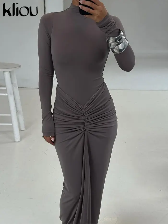 Kliou froncé femmes classique Robe Maxi automne nouveau solide à manches longues col haut moulage du