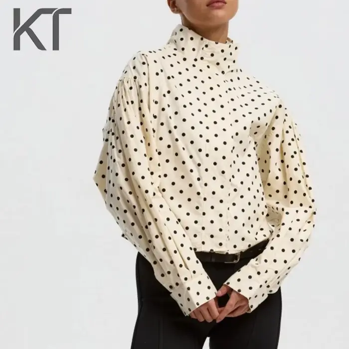 Veste bomber élégante vintage à pois surdimensionnée pour femmes, manches bouffantes, fermeture écla