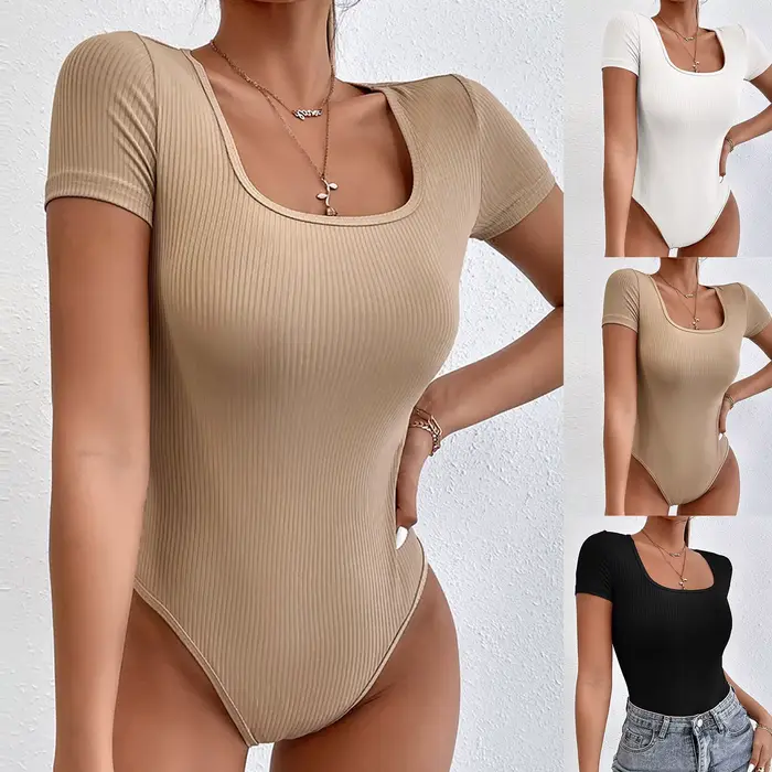 Combinaisons sexy d'été à manches courtes, col carré côtelé, couleur unie, une pièce, moulante, contrôle du ventre, body shapers, hauts
