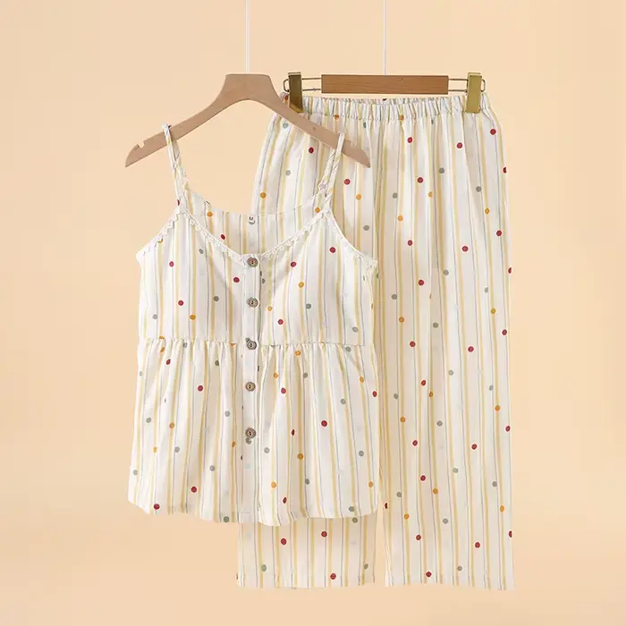 Pyjama en gaze Double couche de coton 2025 pour femmes, coussin de poitrine, pantalon à bretelles, v