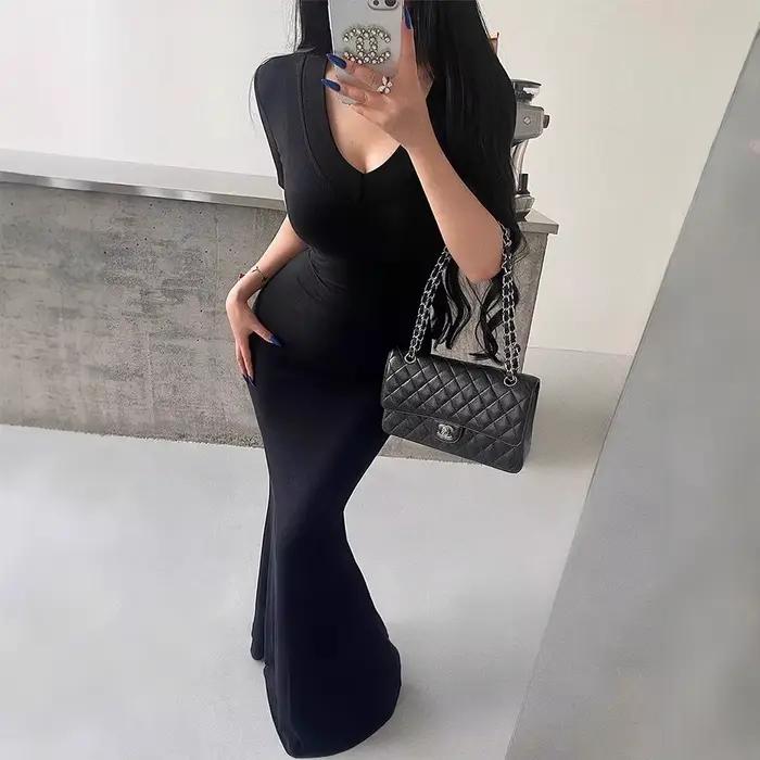 Kardashian Sexy manches courtes col en v minceur robe sirène longueur au sol portefeuille robe moulante femmes robe longue noire