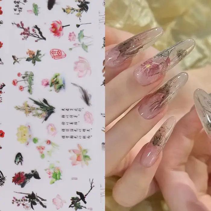 10 pièces feuilles à ongles caractère chinois grue bambou poisson fleur prune autocollant curseur tr