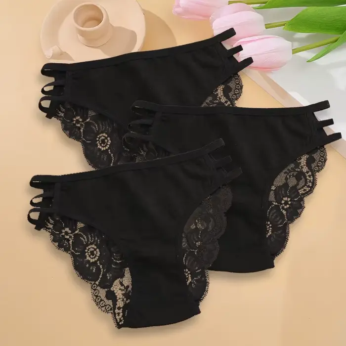 3-dielna súprava pre ženy Sexy čipka kvetinové nízke nohavičky priesvitné spodné prádlo elastické ramienka Mäkká bielizeň