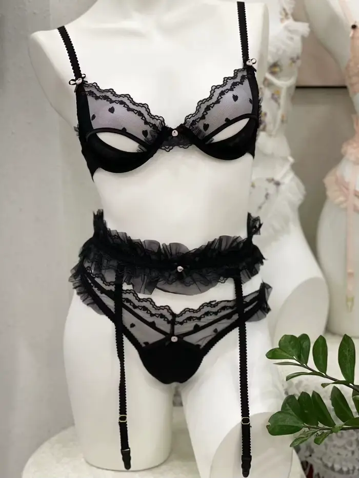 Ensemble de lingerie féminine en dentelle rose et noire avec soutien-gorge push-up et culotte jarretières pour femmes sexy occassions spéciales