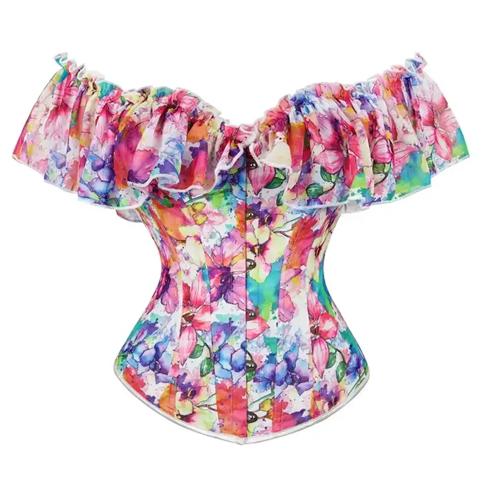 Corset gothique Sexy pour femmes, hauts à fleurs et manches bouffantes à volants, épaules dénudées, 