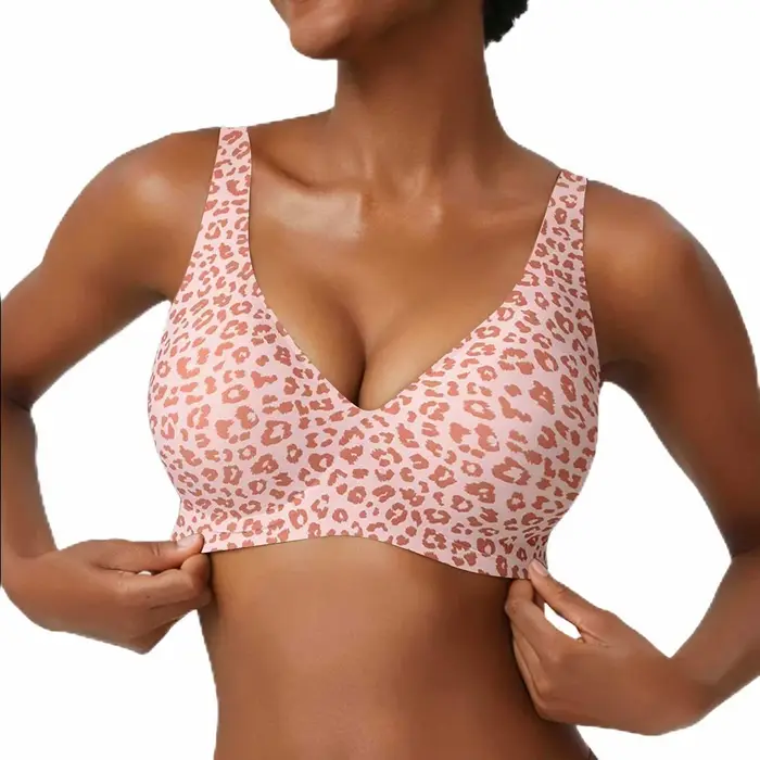 Soutien-gorge sans armatures pour femme, imprimé léopard rose, sans coutures, bonnet complet, doux, 