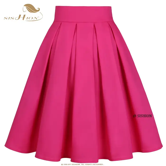 SISHION-Jupe plissée en coton pour femme, couleur unie, rose foncé, rouge, avec nœud, vintage, pour 