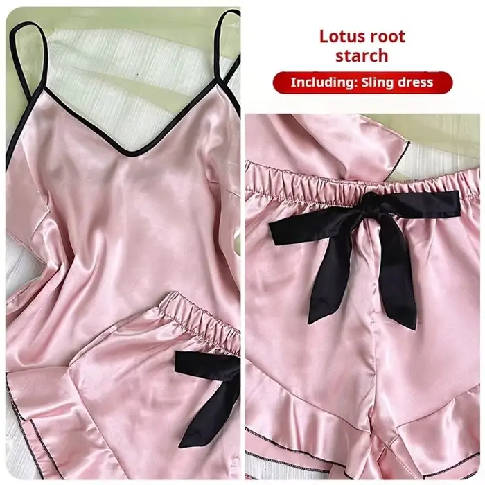 Kawaii Homewear dámske pyžamo set, V-neck, ležérne, dvojdielne, mäkké hodvábne saténové pyžamo s volánkami, pyžamo s popruhmi, jar/pád