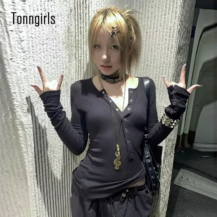Tonngirls Y2k japonais t-shirt femmes dentelle à manches longues imprimé graphique hauts Streetwear 