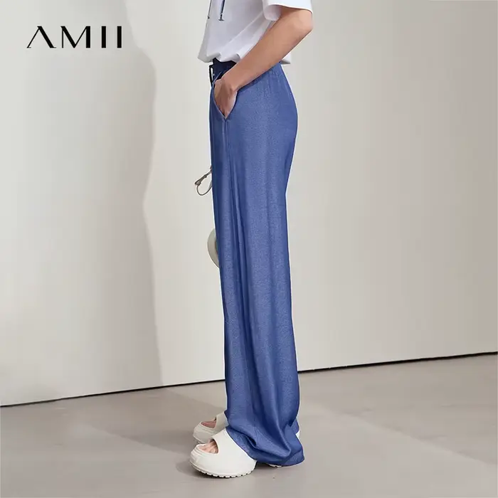 AMII décontracté pantalons d'été femmes 2025 nouveau solide cordon taille élastique ample droit Long