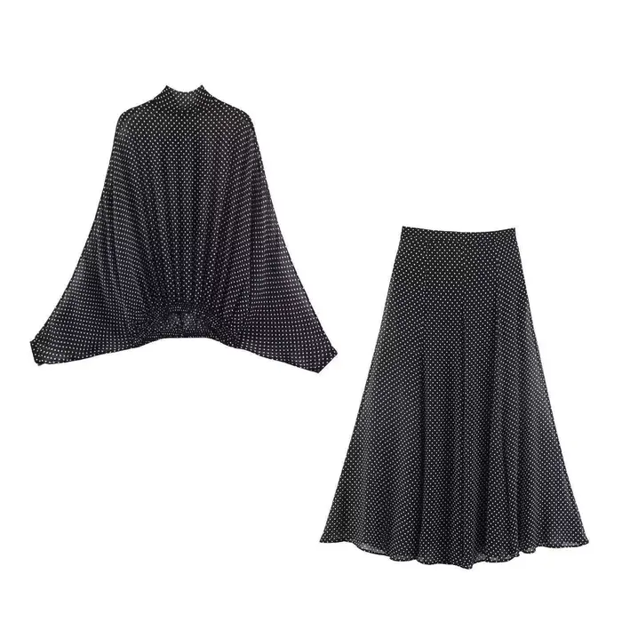 Ensemble deux pièces Streetwear pour femmes, chemisier à pois avec nœud papillon, jupe longue, chemi