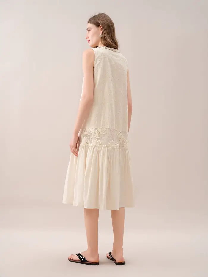 FSLE【Prémiová séria】Elegantné midi šaty bez rukávov s výšivkou a patchworkom pre ženy