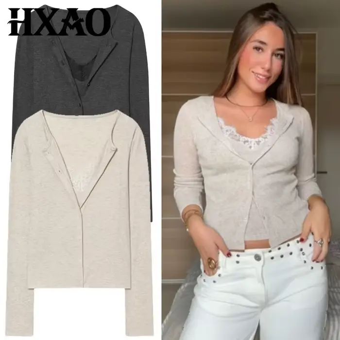 HXAO court tricot Cardigan pour femmes automne printemps Chic dentelle à manches longues tricots gri