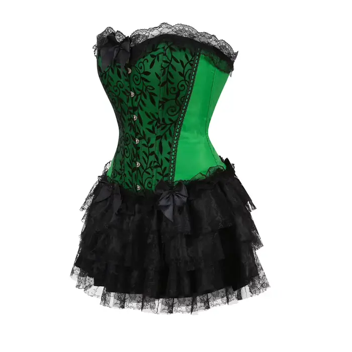 Čipkovaný večerný korzetový voľný sexy šaty pre ženy zelená Lingerie a čierna čipka mini sukňa Showgirl tanec S-2XL