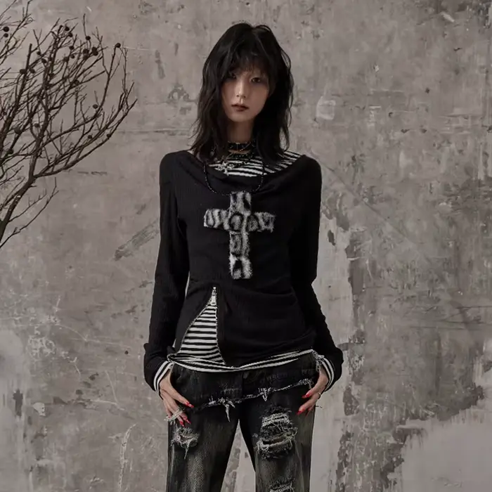 Dámske Grunge Patchwork Top s Split golier, Rebel Y2K štýl pre jarné leto