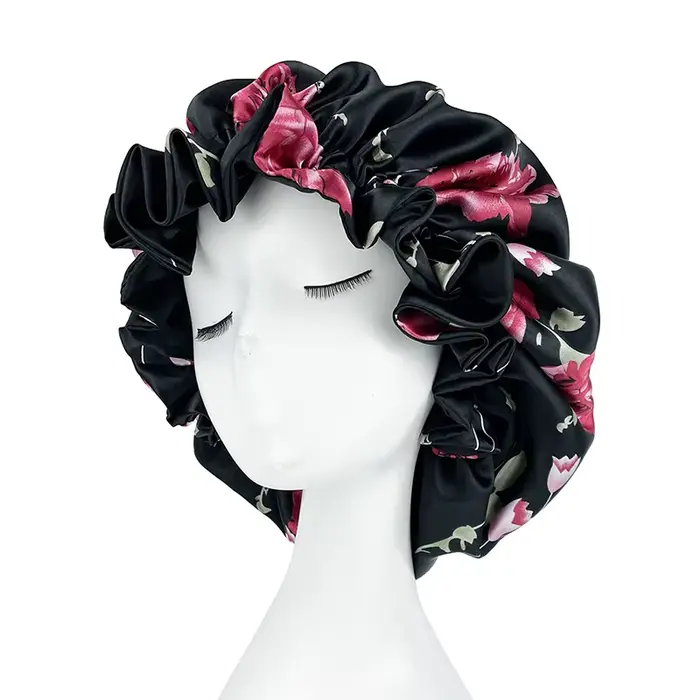 Double couche soyeux Satin Bonnet femmes bonnet de couchage grand réversible Satin doublé nuit somme