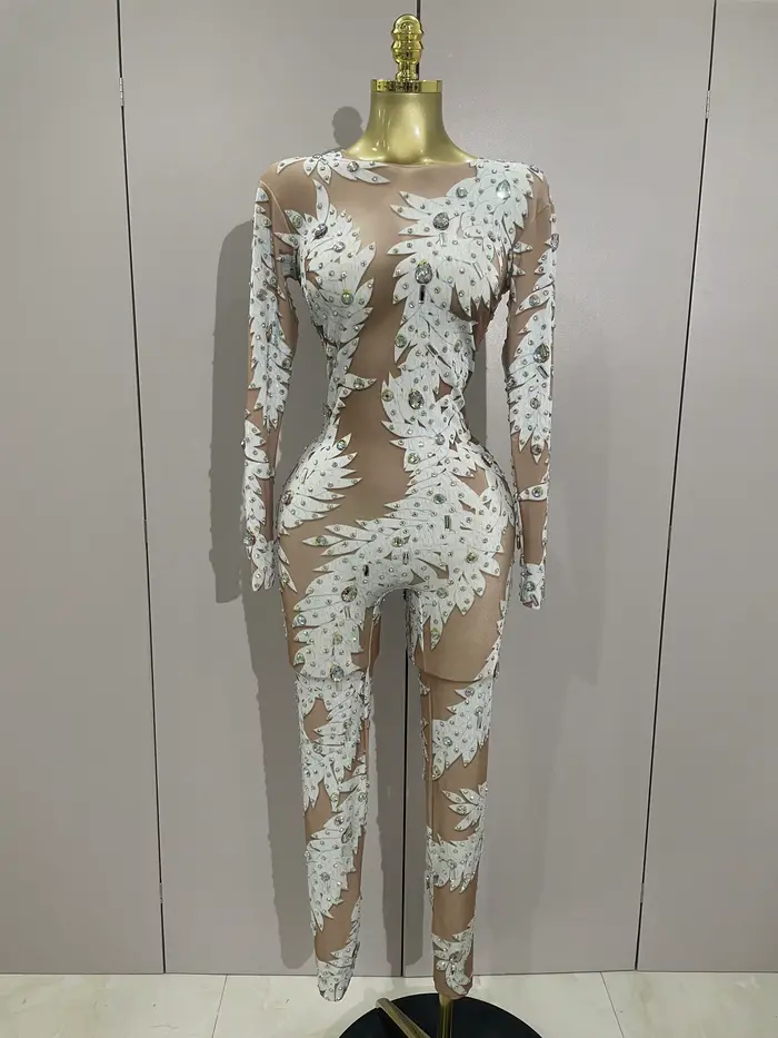 Combinaison moulante à manches longues pour femme, sexy, à haute élasticité, ornée de cristaux, pour