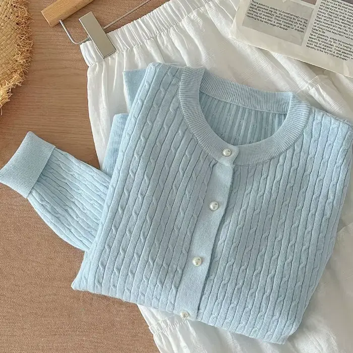 Élégant à manches longues tricots hauts femmes automne hiver simple boutonnage pull col rond épais c