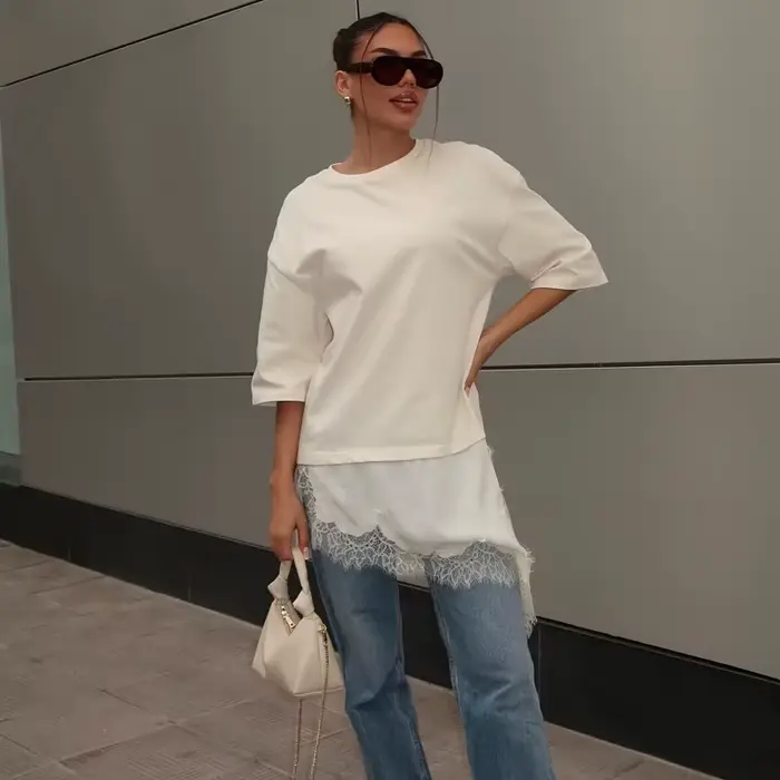 MUJER Čipkované polo tričko pre ženy asymetrické tielko s krátkym rukávom vtipné dámske