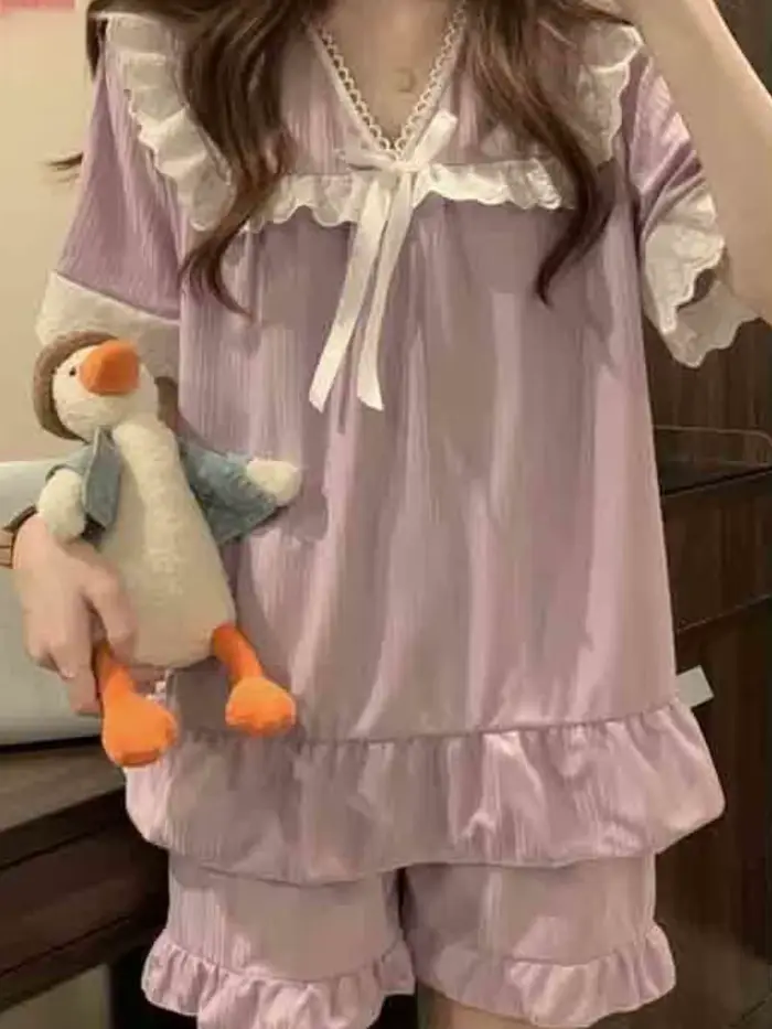 Pyjamas pour femmes en coton et polyester, style japonais vintage, coupe ample, courte jupe, couleurs vives, pour les nuits chaudes d'été, relaxation et mode