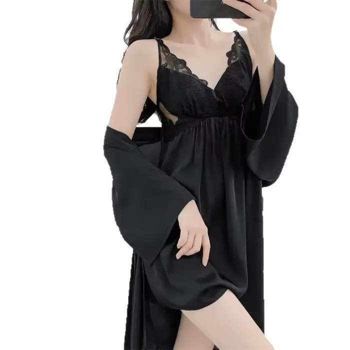 Chladená hodvábna nočná košeľa a šaty, nočné oblečenie, dvojdielna čipka Kimono Set, štýlový dlhý župan, sexy nočná košeľa, domáce oblečenie
