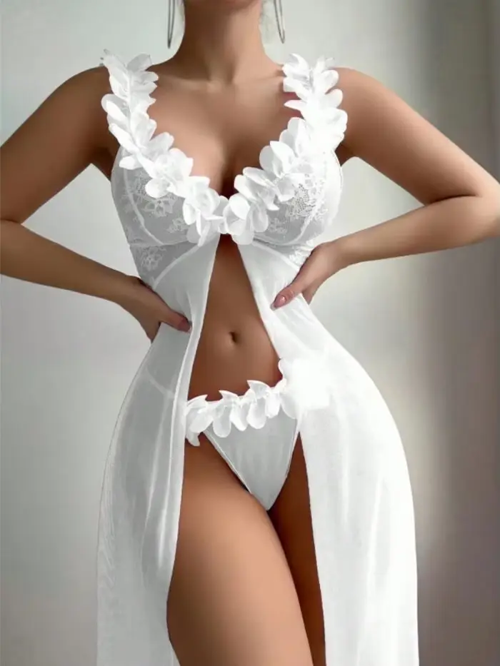 Ružové kvetinové sexy spodná bielizeň dámske šaty, exotické nočná košeľa, bábiky, nočná košeľa, hlboký výstrih čipky a sieťoviny priehľadný
