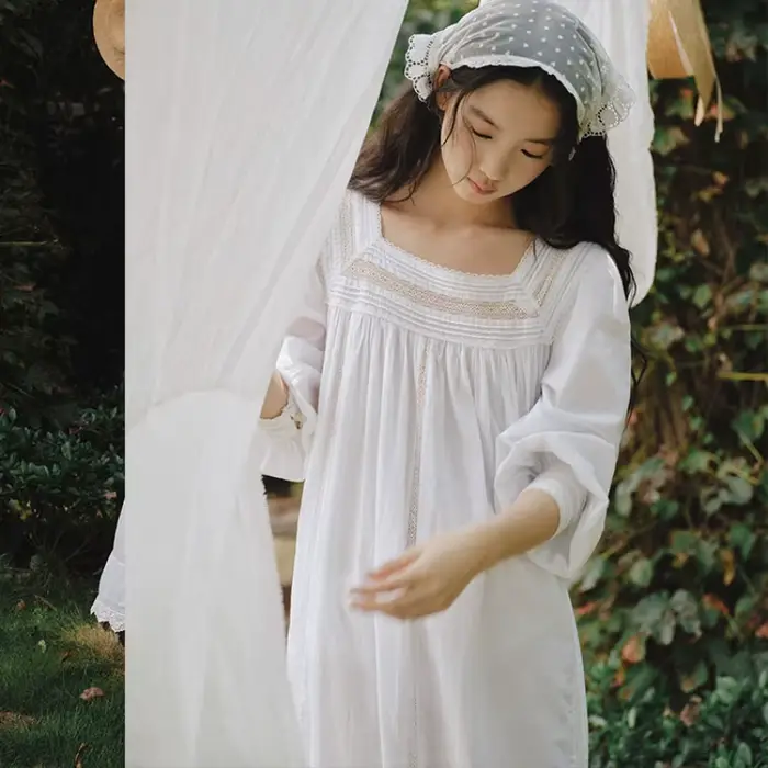 Nouvelle Robe de Nuit Princesse Blanche à Manches Longues Style Victoria, 100% Coton, Col Carré en Dentelle, Vintage, Longue, Ample, Style Français