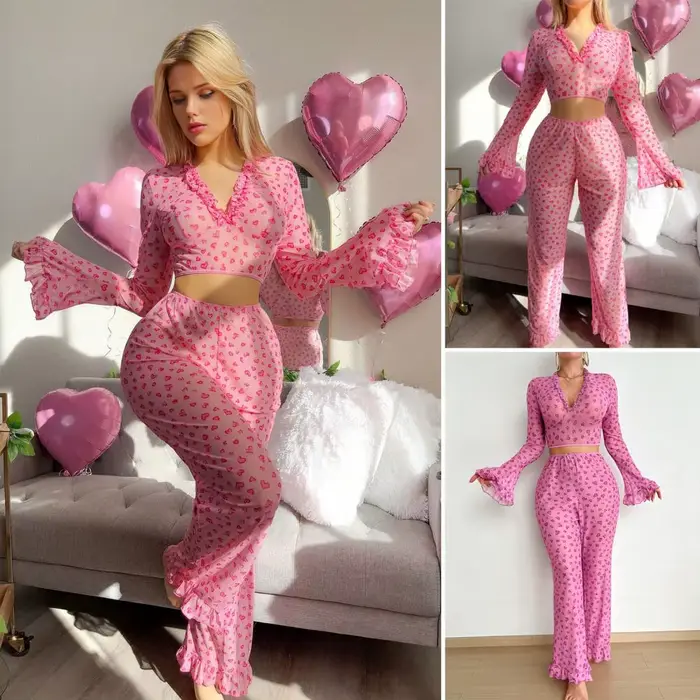 Dámske 2-dielna pyžamo set, srdcová potlač, prešívaný lem, ležadlo, dlhý rukáv, V-neck, košeľa a nohavice, na Valentína