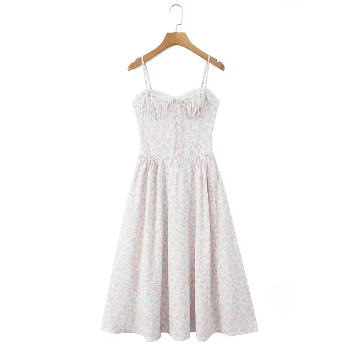 Robe longue en dentelle épissée, imprimé Floral, Sexy, froncé sur la poitrine, Style Corset, à brete