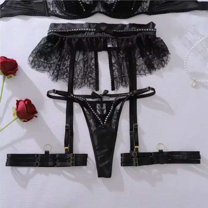 Ensemble de Lingerie en dentelle bleu marine avec paillettes, soutien-gorge Push Up, string, porte-jarretelles, gants longs, ras du cou en perles, sous-vêtements érotiques Sexy pour femmes