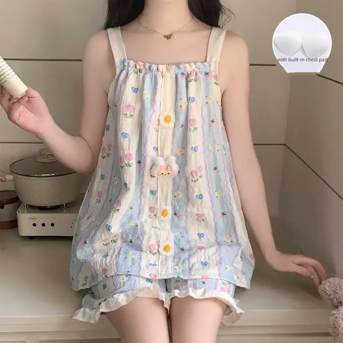 Dámske pyžamo Kawaii, kvetinová a pruhovaná potlač, nočné oblečenie, košieľka a šortky, s integrovanými letnými vankúšikmi