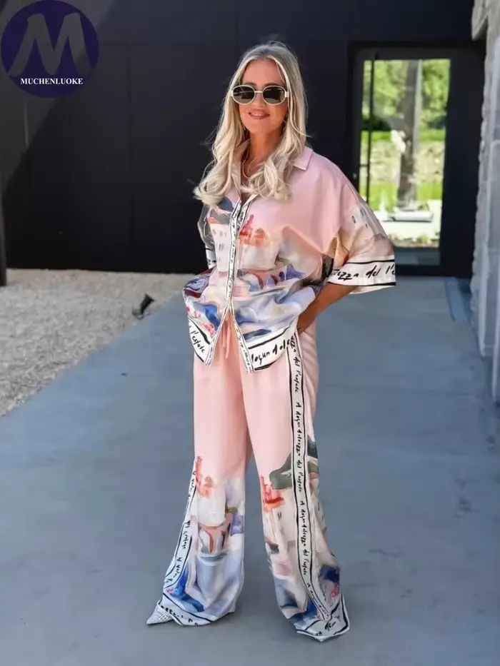 Ensemble estival élégant pour femmes deux-pièces top à col rabattu et pantalon large occaions spéciales et quotidiennes