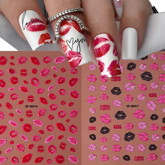 Autocollants 5D en Relief pour Ongles, Lèvres Rouges/Roses, Décalcomanies Romantiques de Luxe, Curse