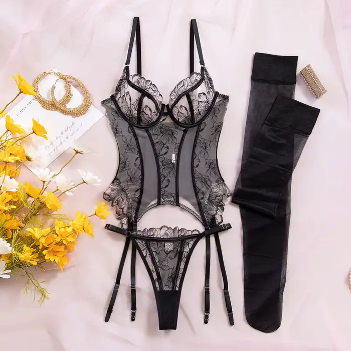 Ensemble de lingerie sexy et élégant pour femme, corset et string 2 pièces avec bas, motif floral, b