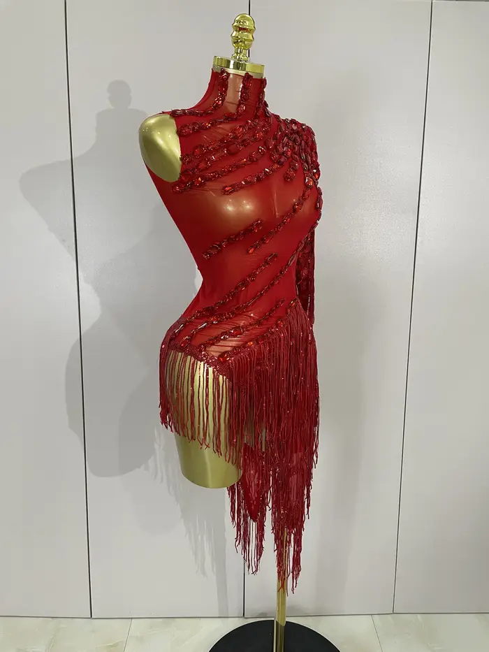 Costume de scène avec franges et strass scintillants pour femmes, robe transparente Sexy, asymétriqu