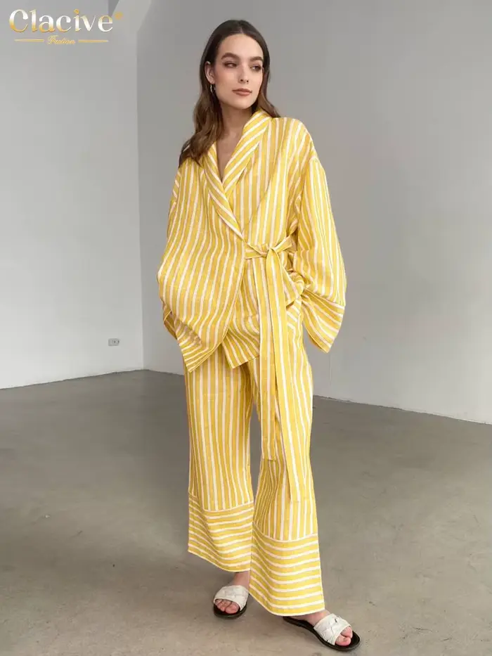 ClacMarkets-Costumes de maison à rayures jaunes décontractés pour femmes, ensemble 2 pièces, chemise