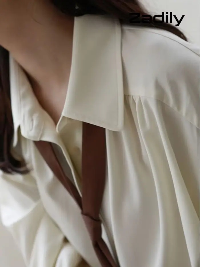 Chemisier Minimaliste Surdimensionné Style Coréen Femme Manches Longues avec Nœud Détachable Parfait
