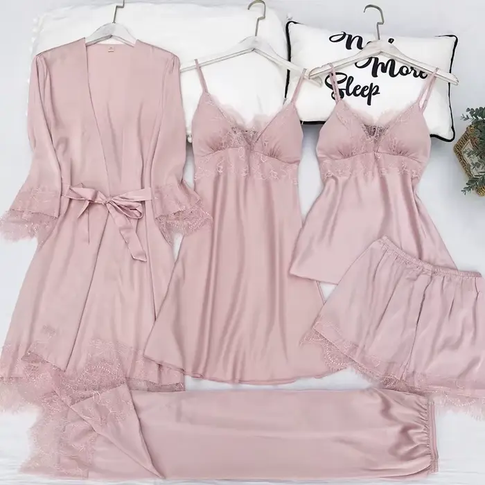 Štýlové a pohodlné dámske pyžamo nastaviť pre domáce a špeciálne príležitosti polyester satén čipka farba shimmering veľkosť M L XL XXL