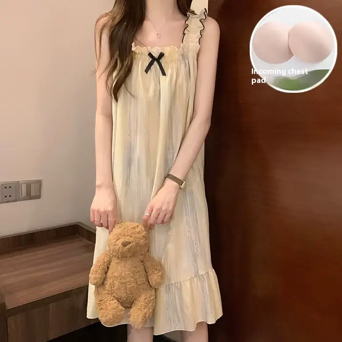 Chemise de nuit pour femme élégante sans manches polyester été mi-mollet tricotée pour dormir et sorties