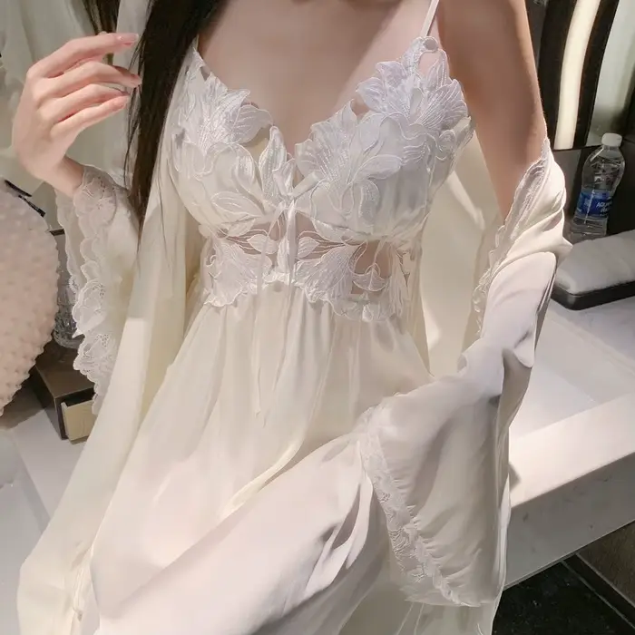 Dámske dlhé šaty Set, nočná košeľa Elegantný hodvábny satén, Nočné a vnútorné oblečenie, Sexy čipka spodná bielizeň, Relaxačný outfit