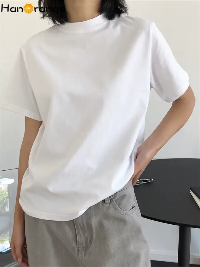 HanOrange-T-shirt à Manches Courtes et Col Rond pour Femme, Haut Vintage, Simple, Fin, Décontracté, 