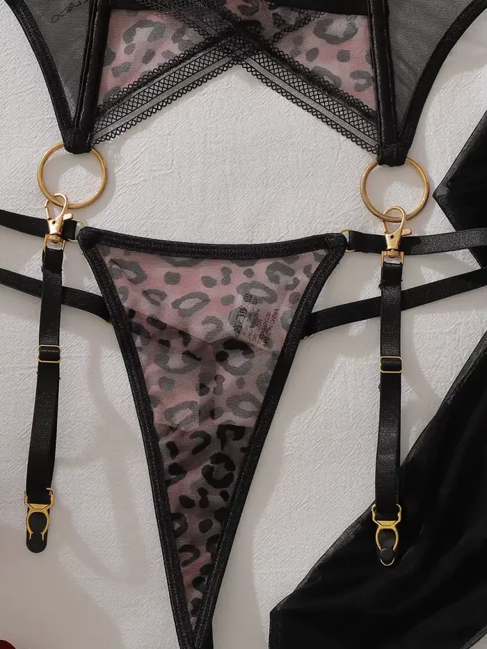 Sexy spodná bielizeň set priehľadný leopard vzor s elegantnými sieťovanými rukavicami, prelamované sochárske nočné oblečenie pre ženy