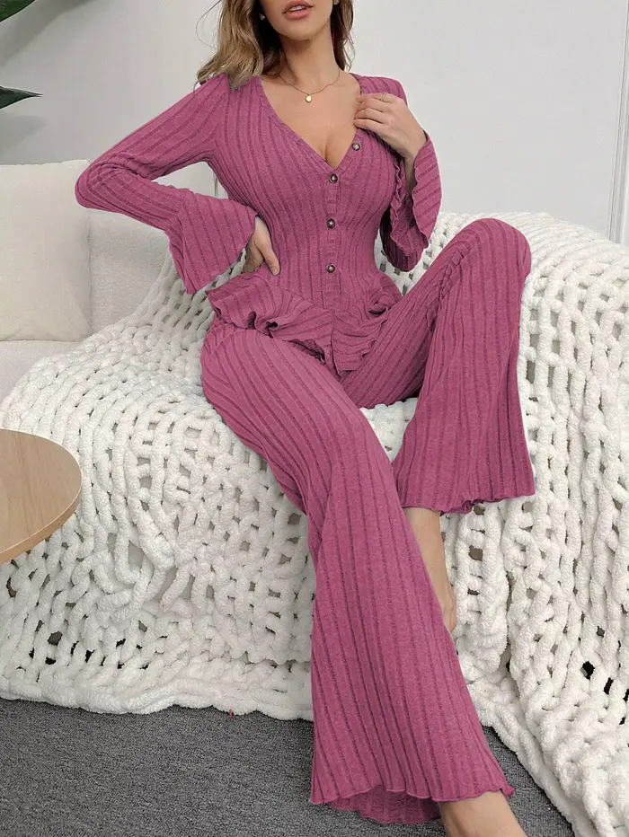 Dámske dvojdielne pyžamový set, Sleepwear, Sexy, V-neck, s dlhými rukávmi, topy a nohavice, domáce oblečenie, jeseň a zima