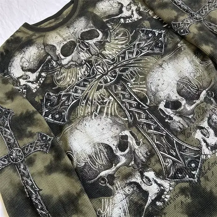 Y2k gothique Grunge croix crâne imprimé T-shirt pour femmes automne à manches longues 90s E fille Vi