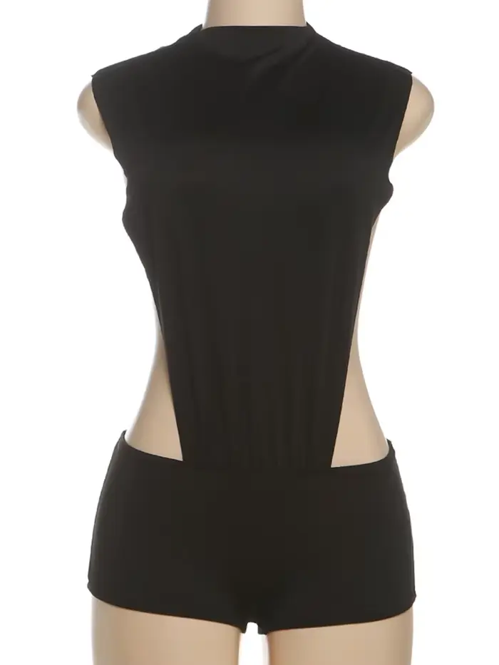 Zvláštna mačka Sexi dámska body bez rukávov s výrezmi Patchwork letný okrúhly výstrih Hipster pevný štíhly Stretch Clubwear