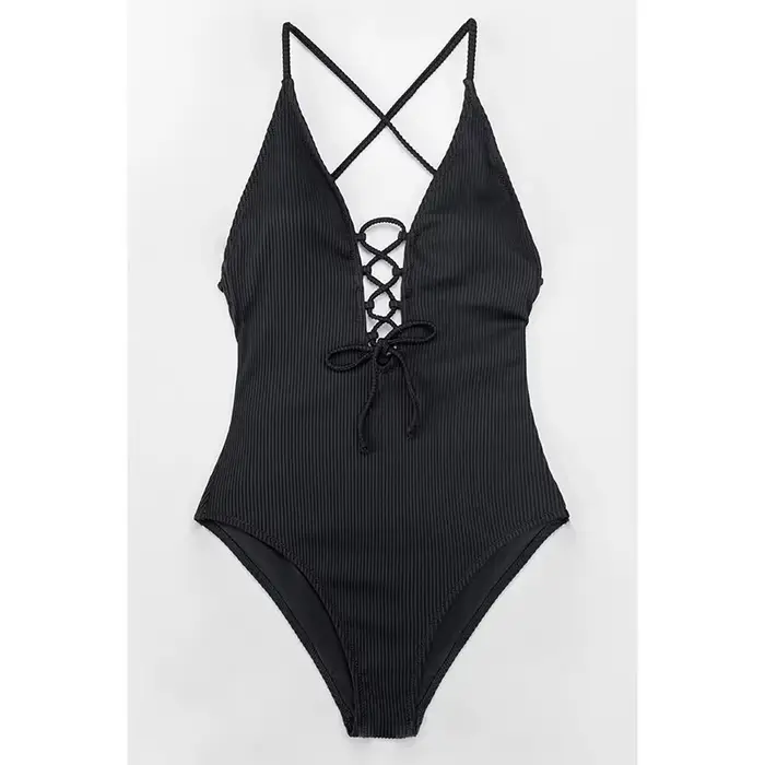 Mode solide une pièce maillot de bain femmes Sexy col en V profond à lacets dos nu maillot de bain é