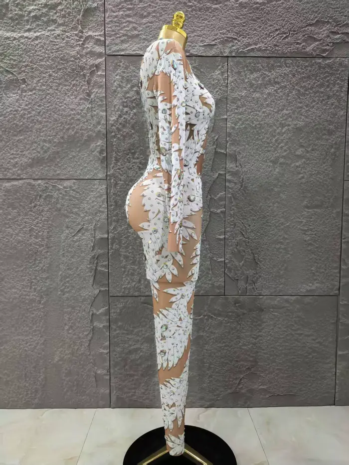 Sexy dlhý rukáv s trblietavými kamienkami obtiahnutý overal pre väčšie ženy na oslavy