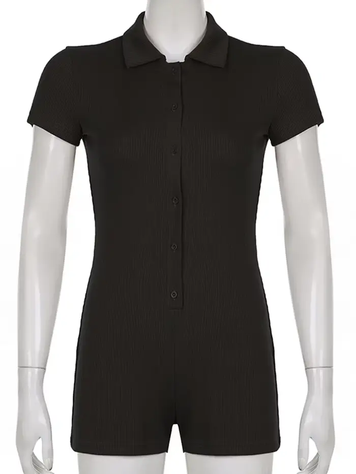 Combinaison noire côtelée à col rabattu pour femmes, body à manches courtes, simple boutonnage, bout